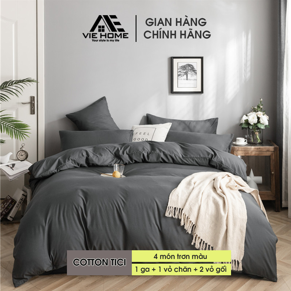 Bộ chăn ga gối cotton tici VIE HOME cotton đũi phong cách hàn quốc trơn màu đẹp