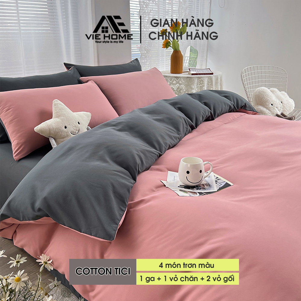 Bộ chăn ga gối cotton tici VIE HOME cotton đũi phong cách hàn quốc trơn màu đẹp