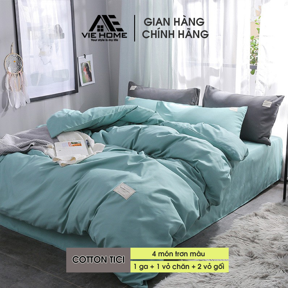 Bộ chăn ga gối Cotton Tici VIE HOME - Bedding trơn màu style Hàn dễ phối phòng ngủ vintage nhiều kích thước nệm