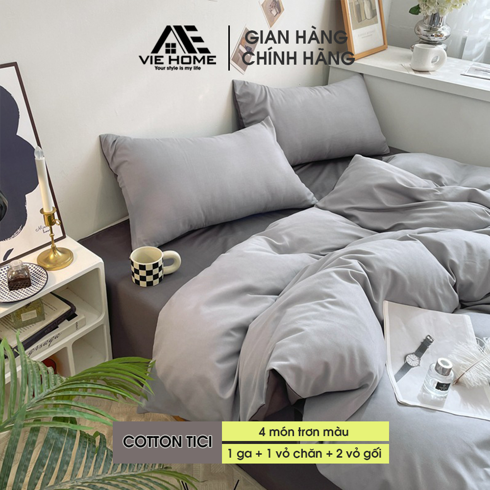 Bộ chăn ga gối Cotton Tici VIE HOME - Bedding trơn màu style Hàn dễ phối phòng ngủ vintage nhiều kích thước nệm