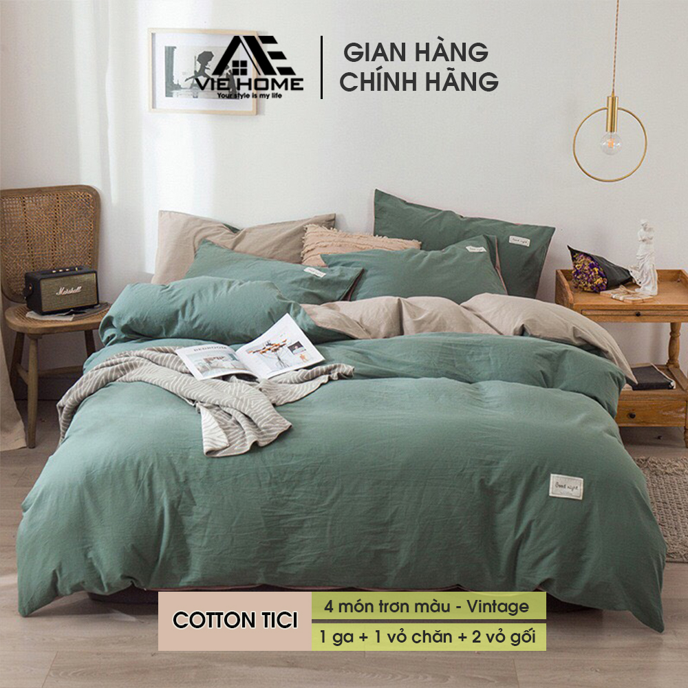 Bộ chăn ga gối cotton tici VIE HOME cotton đũi phong cách hàn quốc trơn màu đẹp