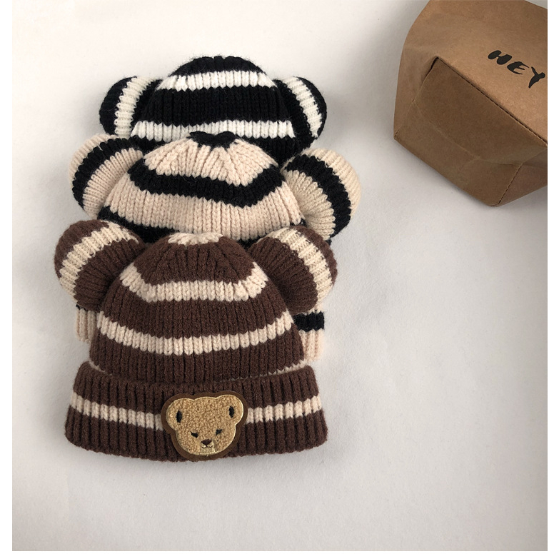 Mũ Nón Len Beanie Dệt Kim Hình Gấu KIKI Hoạ Tiết Kẻ Sọc Thêu Mùa Thu Đông Cho Bé