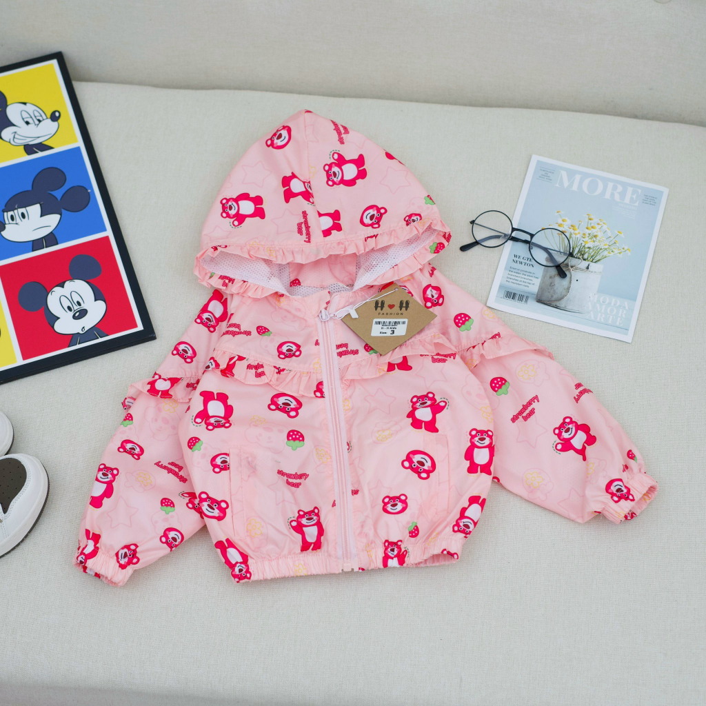Áo gió trẻ em - áo khoác gấu dâu lotso 2 lớp có mũ xinh yêu cho bé gái
