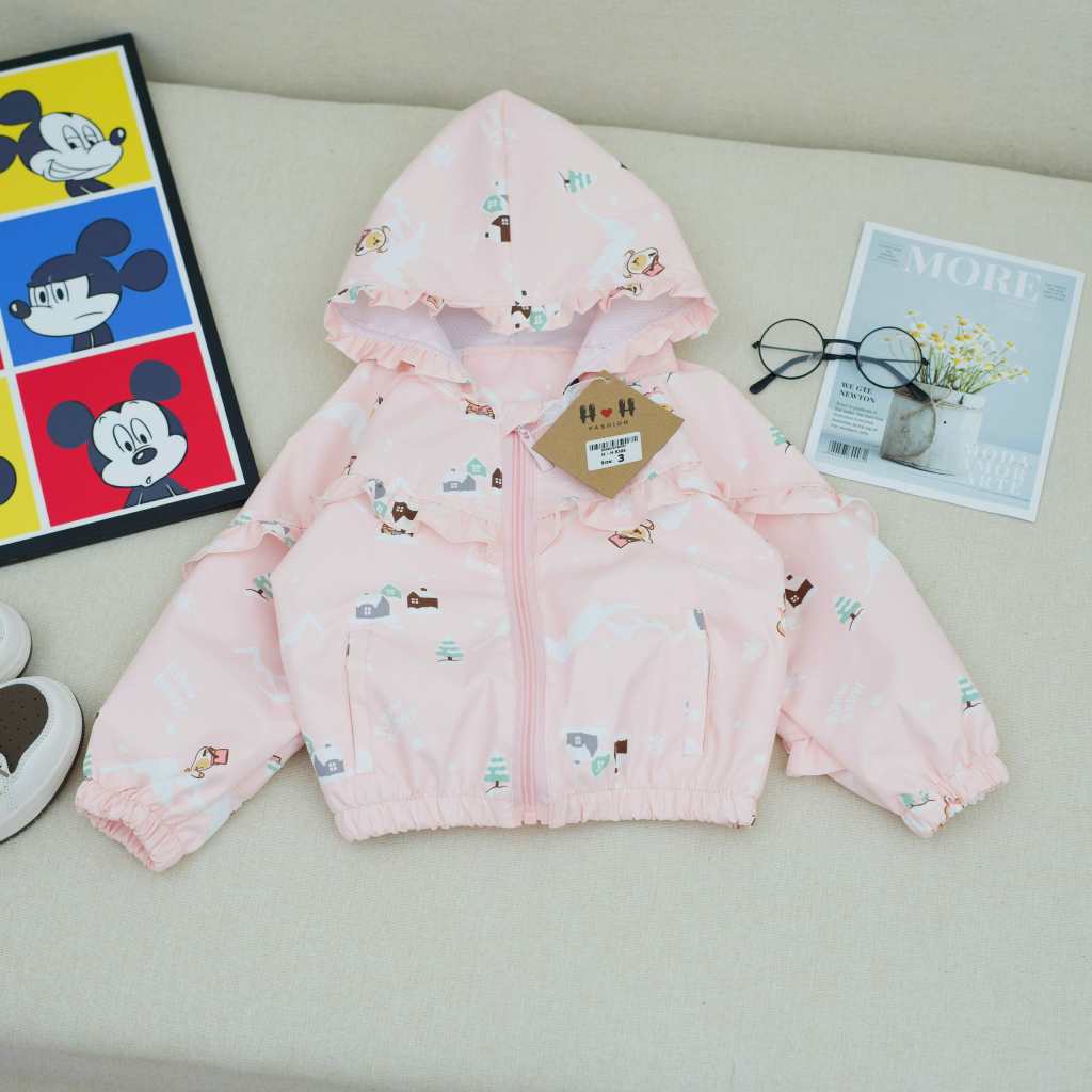 Áo gió trẻ em - áo khoác gấu dâu lotso 2 lớp có mũ xinh yêu cho bé gái
