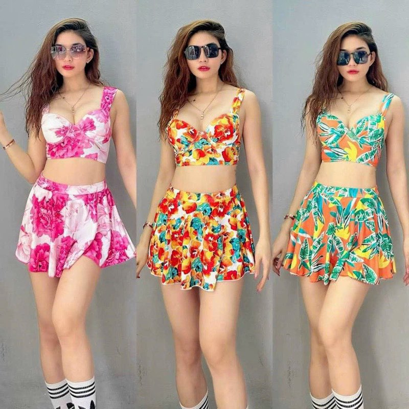 Bikini đi biển nữ bikini 2 mảnh kín đáo áo nâng ngực váy xòe lưng cao che bụng có quần đùi bên trong Xuka