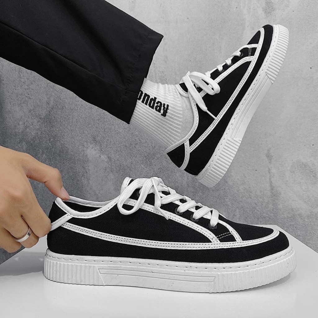 Giày sneaker nam mẫu mới Đen Viền Kem Basicc thể thao siêu đẹp