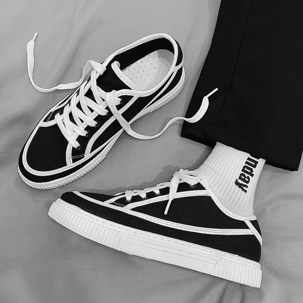 Giày sneaker nam mẫu mới Đen Viền Kem Basicc thể thao siêu đẹp