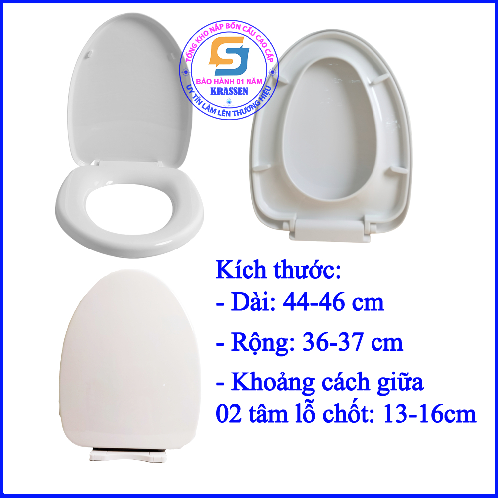 Nắp bồn cầu mũi nhọn đóng mở êm cao cấp. Lắp cho cả bồn cầu liền khối và 2 khối. Chất liệu nhựa ABS trắng bền đẹp.