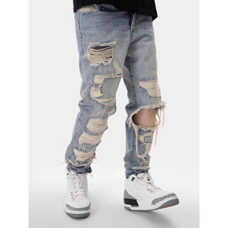 Quần Jeans nam nữ ống đứng màu xanh rách gối phong cách đường phố, Quần bò unisex chất liệu cao cấp Streetwear