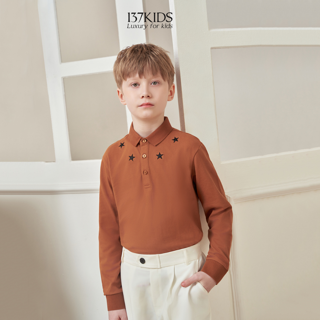 Áo polo dài tay nâu sao 137KIDS thiết kế chất cotton cao cấp cho bé trai