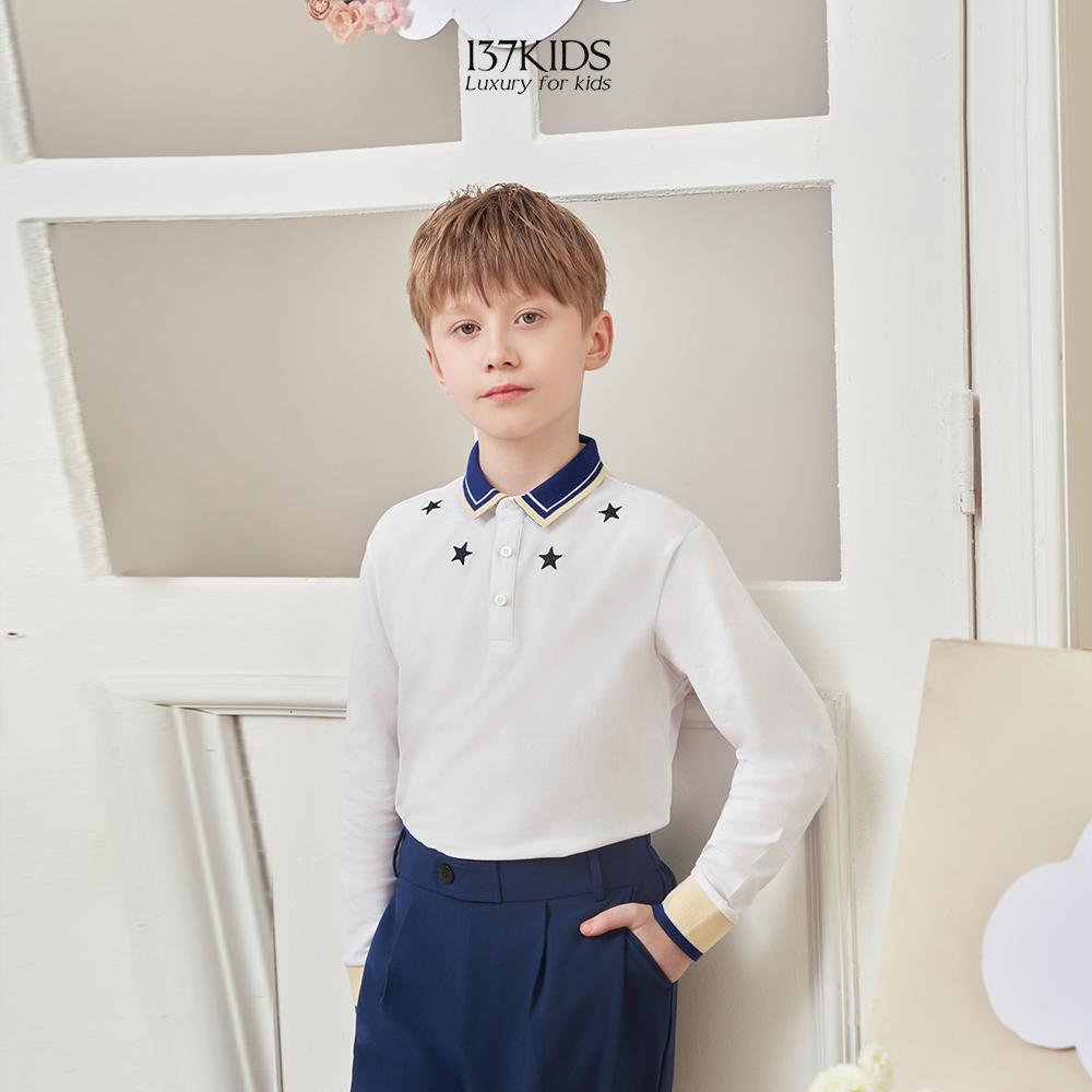 Áo polo cotton dài tay bé trai 137KIDS thiết kế màu trắng trơn phối cổ xanh ngôi sao APLDT04