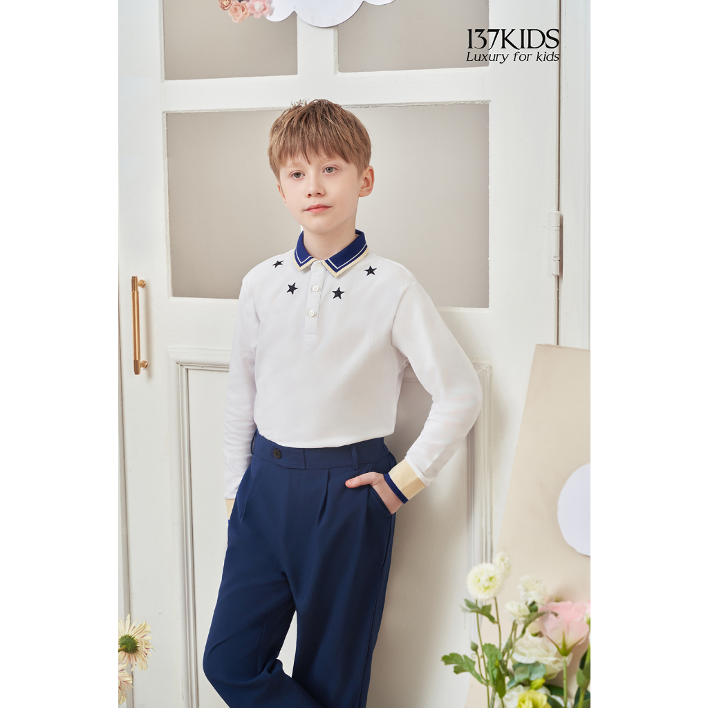 Áo polo cotton dài tay bé trai 137KIDS thiết kế màu trắng trơn phối cổ xanh ngôi sao APLDT04