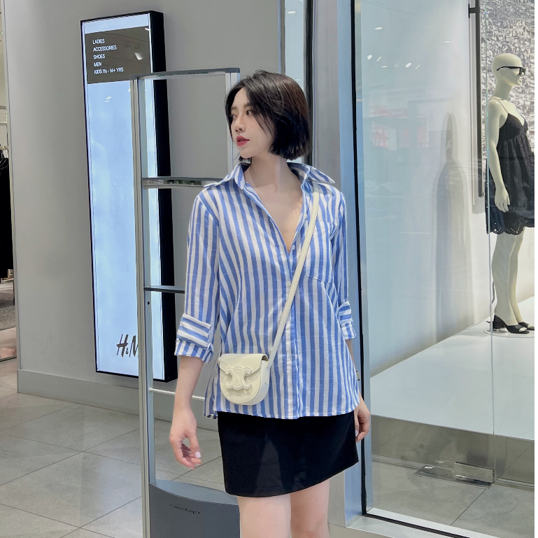 Áo sơ mi nữ dài tay HAANDESIGN thiết kế công sở chất liệu linen cao cấp không nhăn nhàu, kẻ sọc xanh trắng