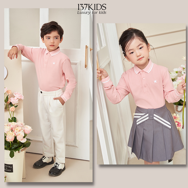 Áo polo dài tay unisex 137KIDS thiết kế chất cotton cao cấp màu hồng sao dễ thương