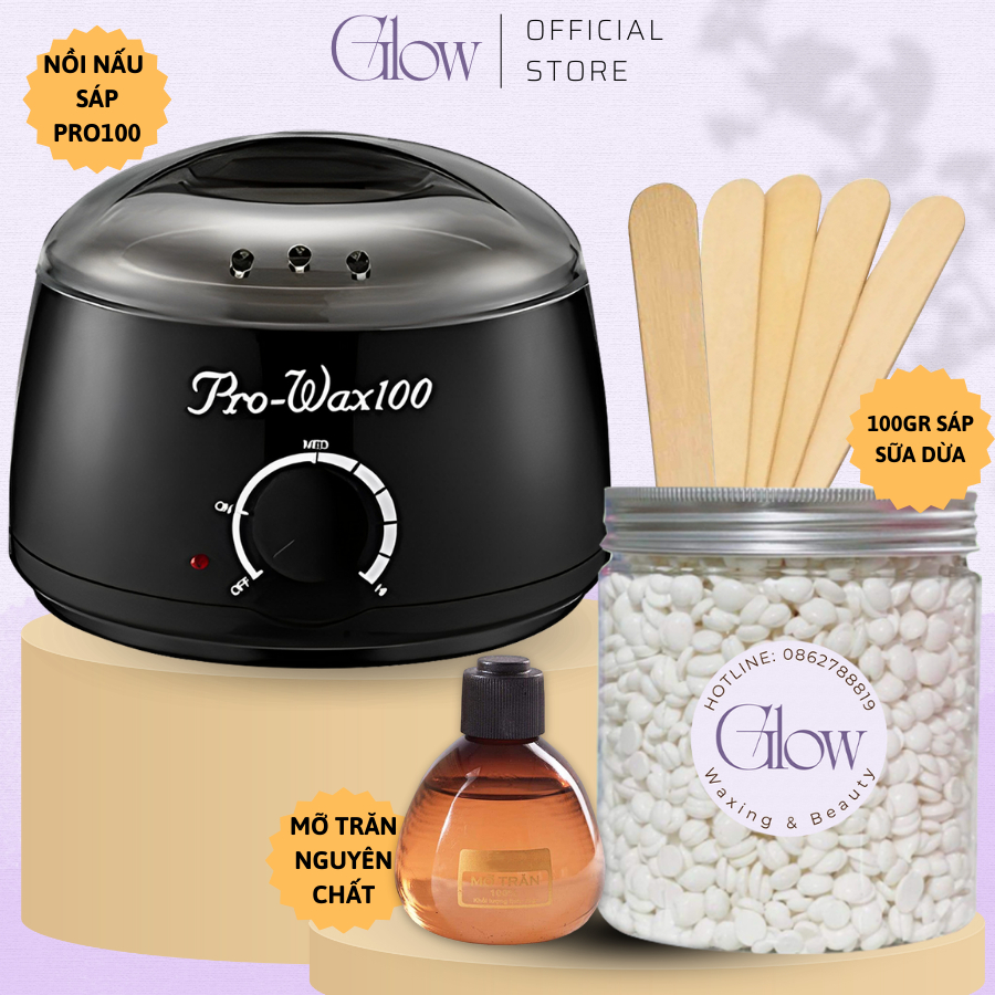 Set Nồi Nấu Sáp Wax Lông Pro Wax 100 GLOW WAXING +100gr Sáp Wax Lông + 75gr Mỡ Trăn Tặng Que Phết Sáp - 8582