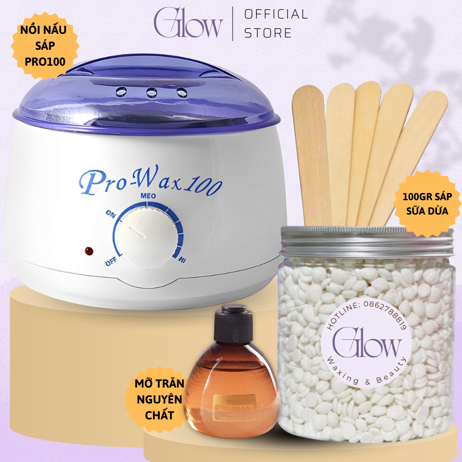 Set Nồi Nấu Sáp Wax Lông Pro Wax 100 GLOW WAXING +100gr Sáp Wax Lông + 75gr Mỡ Trăn Tặng Que Phết Sáp - 8582