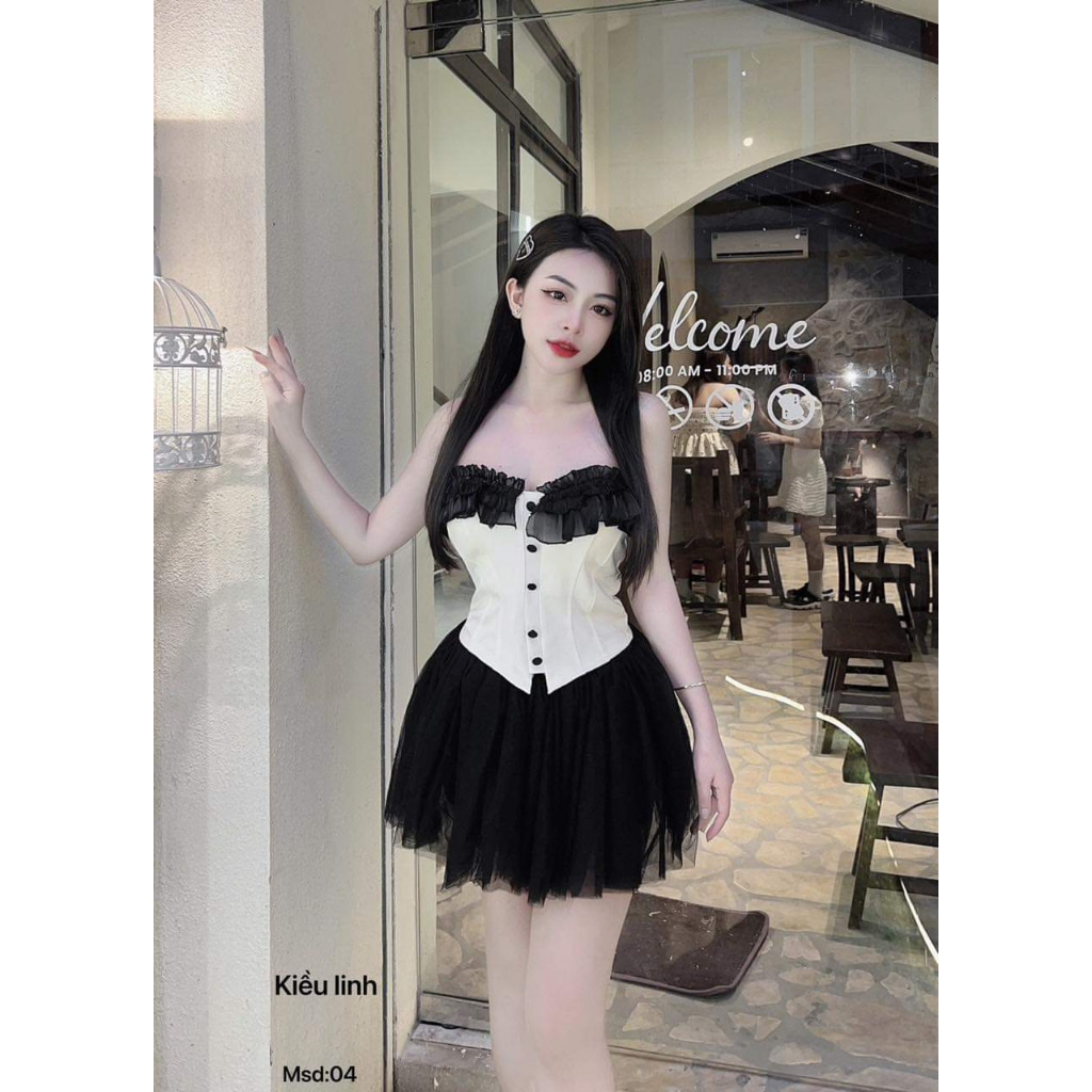 BIGSIZE HIẾU HIẾU - Set tiểu thư áo cúp nút bọc kèm chân váy voan 55-95kg