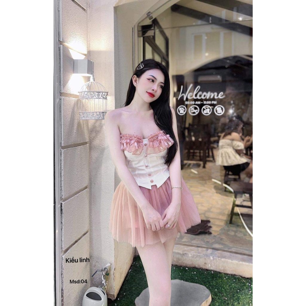 BIGSIZE HIẾU HIẾU - Set tiểu thư áo cúp nút bọc kèm chân váy voan 55-95kg