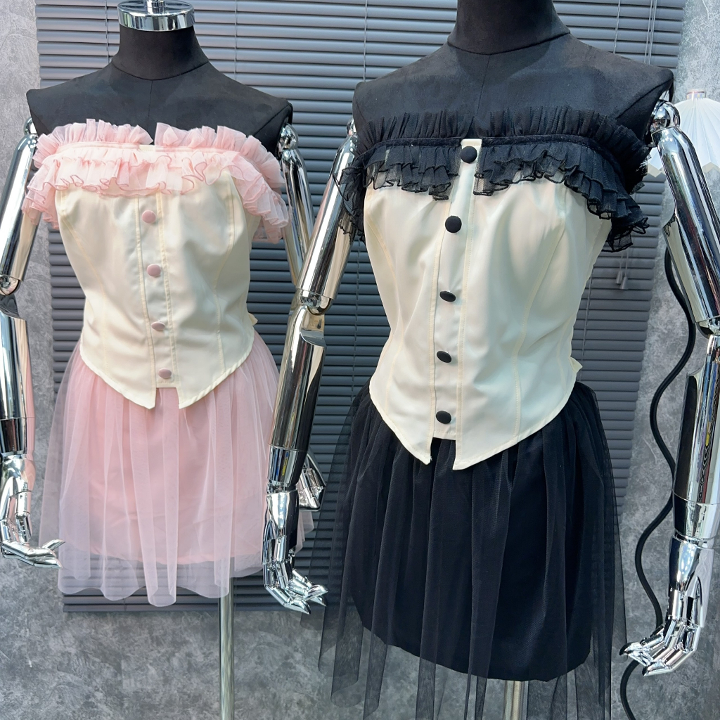 BIGSIZE HIẾU HIẾU - Set tiểu thư áo cúp nút bọc kèm chân váy voan 55-95kg