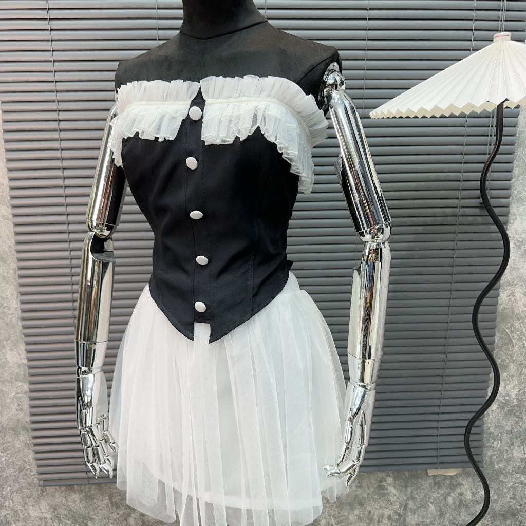 BIGSIZE HIẾU HIẾU - Set tiểu thư áo cúp nút bọc kèm chân váy voan 55-95kg