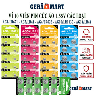 Pin cúc áo AG1/LR621 AG3/LR41 AG4/LR626 AG5/LR754 AG6/LR920 AG10/LR1130 AG13/LR44 điện áp 1.55V (Vỉ 10 viên)