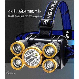 Đèn pin đội đầu đeo trán 5 bóng t6 siêu sáng kèm pin sạc, đèn pin đội đầu 5 bóng chống nước siêu sáng đèn đội đầu