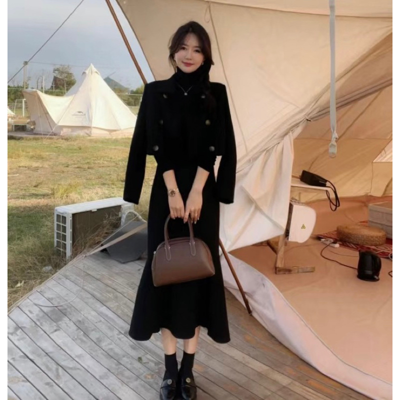 Set Dạ Tweed Áo Khoác Lửng Phối Cúc Kèm Chân Váy Đuôi Cá Siêu Tôn Dáng_Hàng Order QCCC