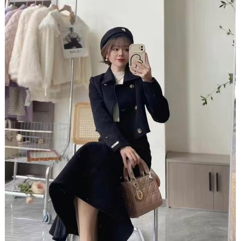 Set Dạ Tweed Áo Khoác Lửng Phối Cúc Kèm Chân Váy Đuôi Cá Siêu Tôn Dáng_Hàng Order QCCC