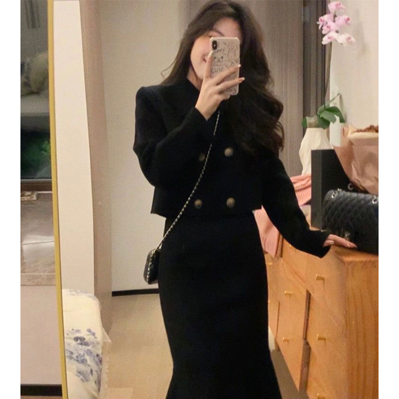 Set Dạ Tweed Áo Khoác Lửng Phối Cúc Kèm Chân Váy Đuôi Cá Siêu Tôn Dáng_Hàng Order QCCC