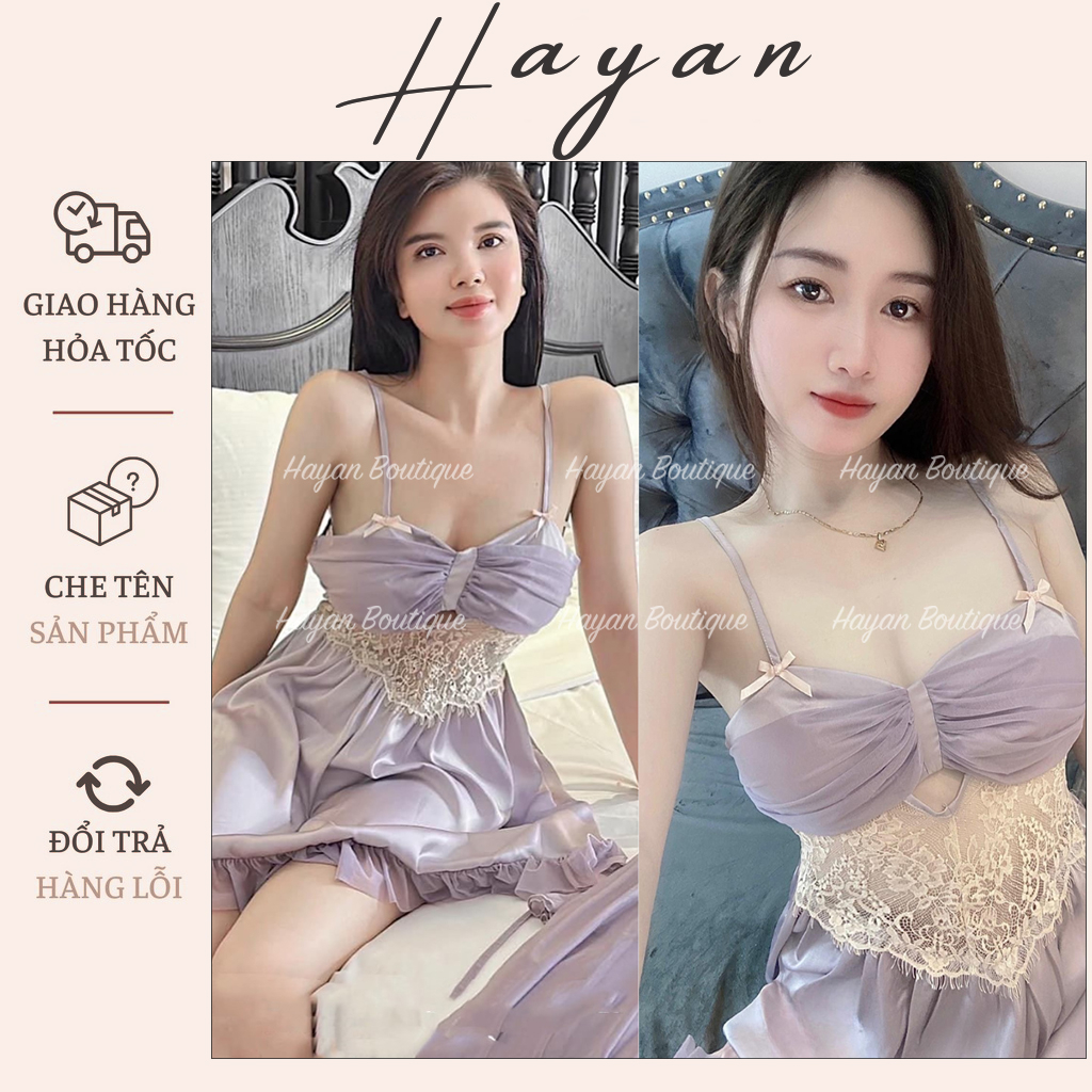 HT365 Váy ngủ sexy phối ren dây nơ ngực sang chảnh, đầm ngủ lụa dáng xoè tôn dáng HT365