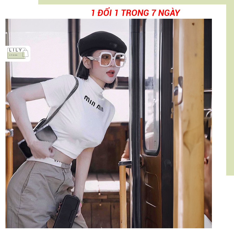 Áo croptop nữ cổ cao LILY, vải bozip co giãn 4 chiều ôm body tôn dáng in hình họa tiết CRT25