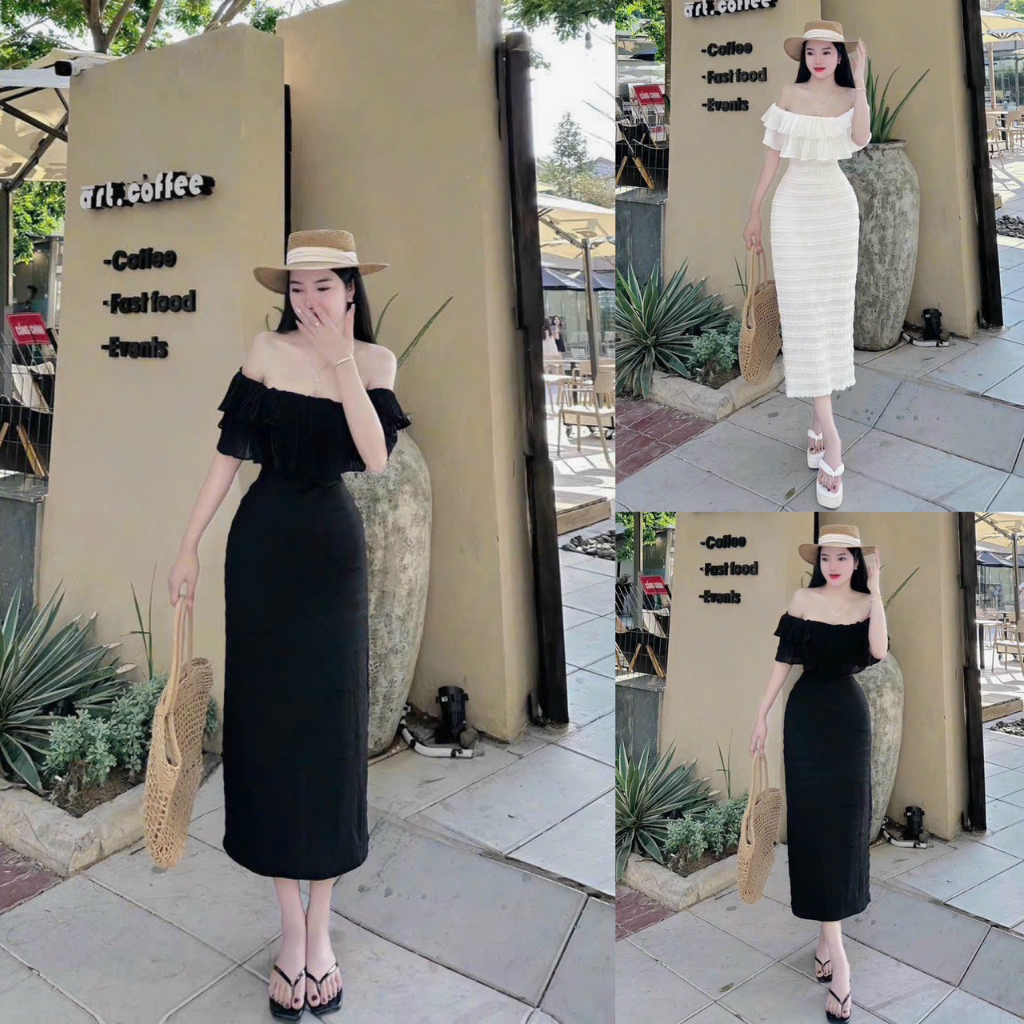 Đầm Len Ren Trể Vai Dập Ly Xếp Tầng From Dài Von Dập Ly (Có Lót) Sam Closet Phù Hợp Để Tới Công Sở, Đi Làm.