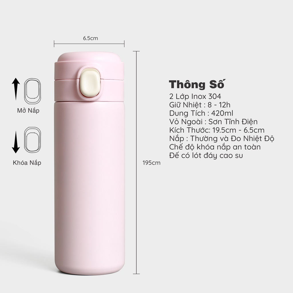 Bình Giữ Nhiệt Rato Life 420ml, Bình Nước Khắc tên Theo Yêu Cầu inox 304, tặng kèm sticker, cọ rửa, túi