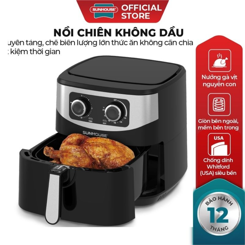 Nồi chiên không dầu 6LSunhouse SHD4062 dung tích 6L, chiên gà vịt nguyên con | Lớp chống dính đa lớp
