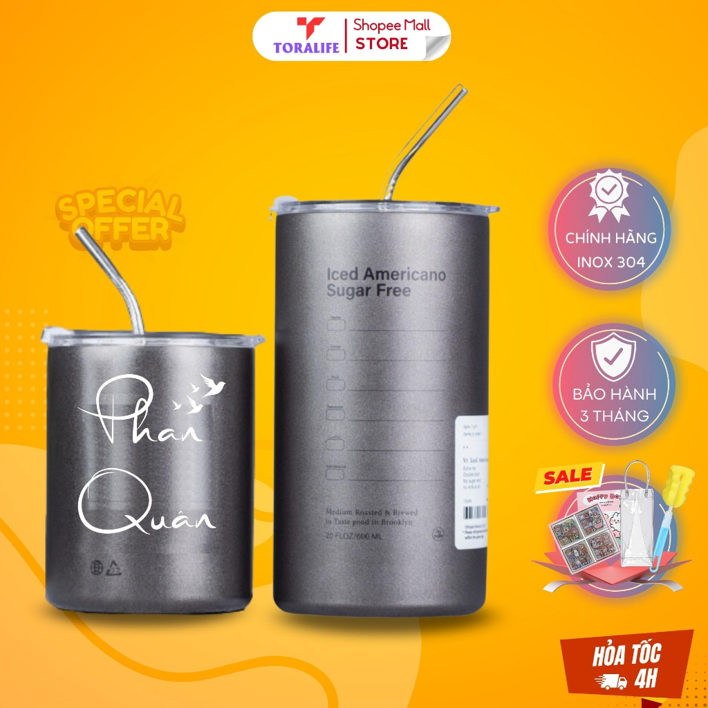 Ly Giữ Nhiệt Iced Americano Inox 304 Cao Cấp Rato Life Cốc Giữ Nhiệt khắc tên Có Ống Hút Tiện Lợi