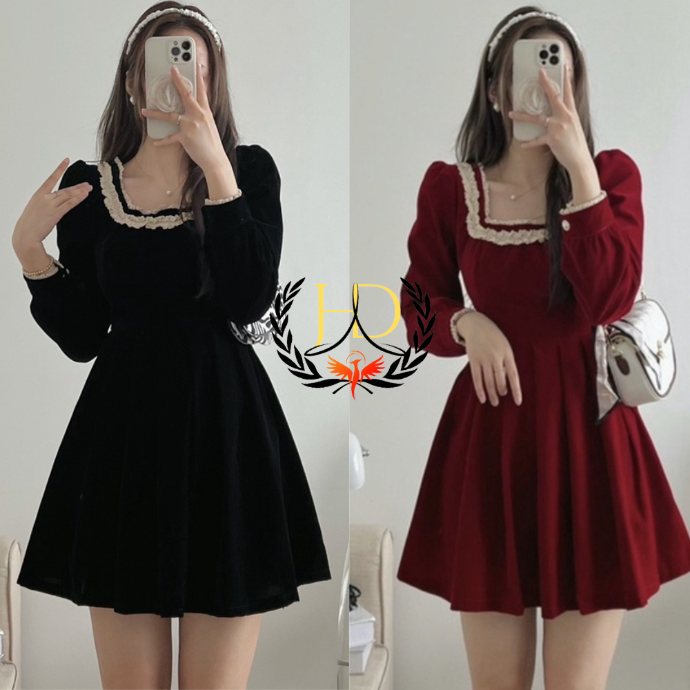 Váy Nhung Cổ Vuông - Váy cổ vuông ren hoa cực xinh cho các nàng đi tiệc