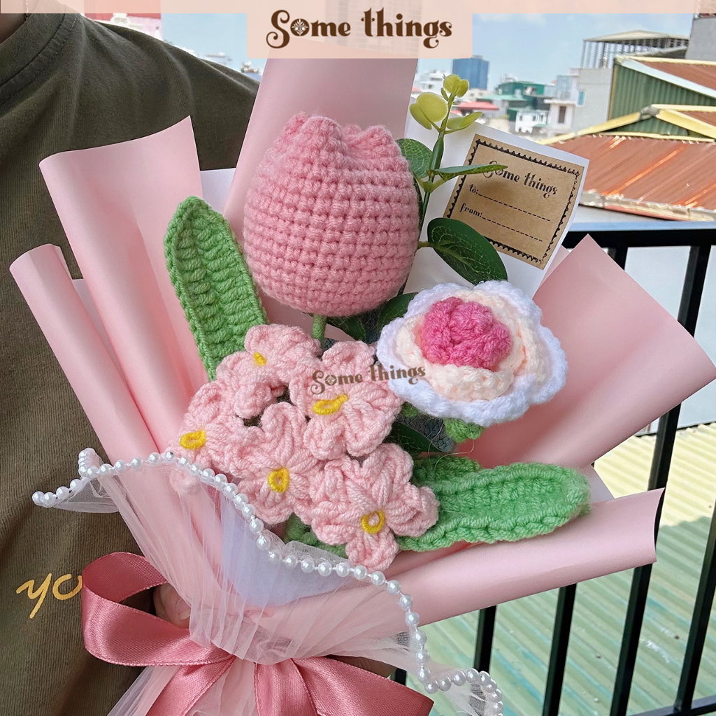 Bó hoa len tulip mix tone hồng baby - bó hoa quà tặng bạn gái 31x23cm Some Things B02