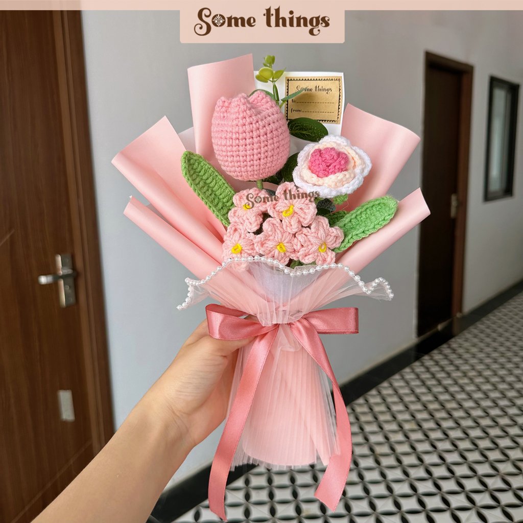 Bó hoa len tulip mix tone hồng baby - bó hoa quà tặng bạn gái 31x23cm Some Things B02