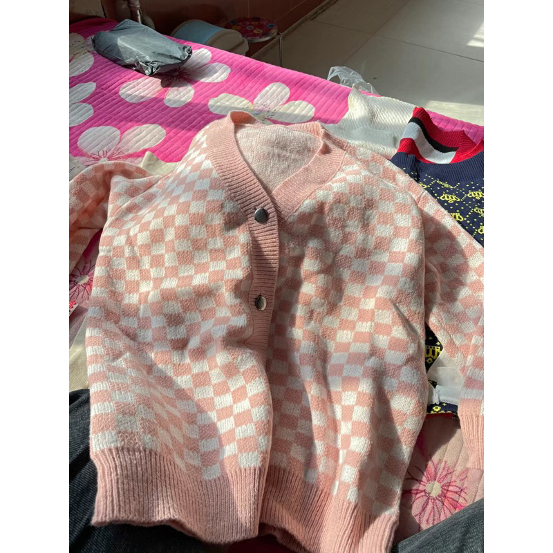 Áo cardigan len thu đông hoạ tiết caro hồng phong cách Hàn Quốc Nữ hàng loại 1 kèm ảnh cận chất