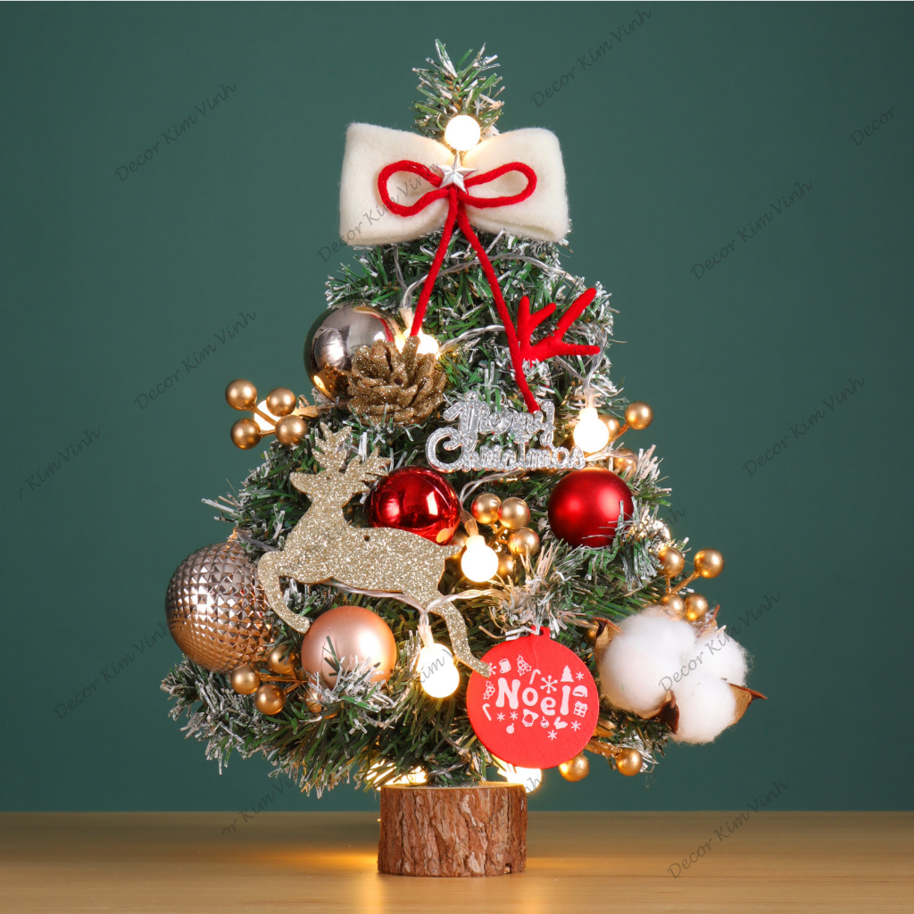 Cây Thông Hàn Quốc THQ04 Nơ Kem Trang Trí Giáng Sinh 40cm Kèm đèn