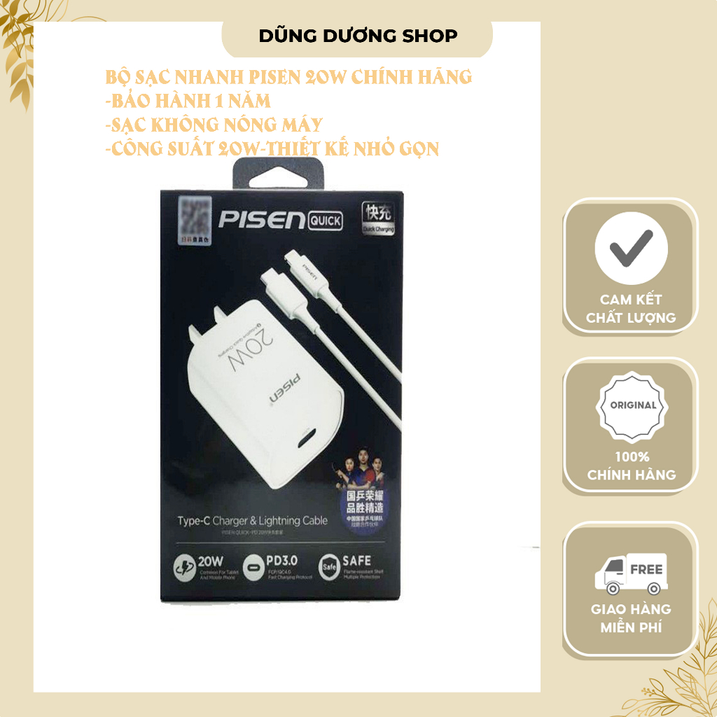 Bộ Sạc Nhanh 20W Pisen Đủ Dòng, Củ 20W + Cáp 20W Sạc Nhanh Chuẩn PD - Bảo Hành 12 Tháng