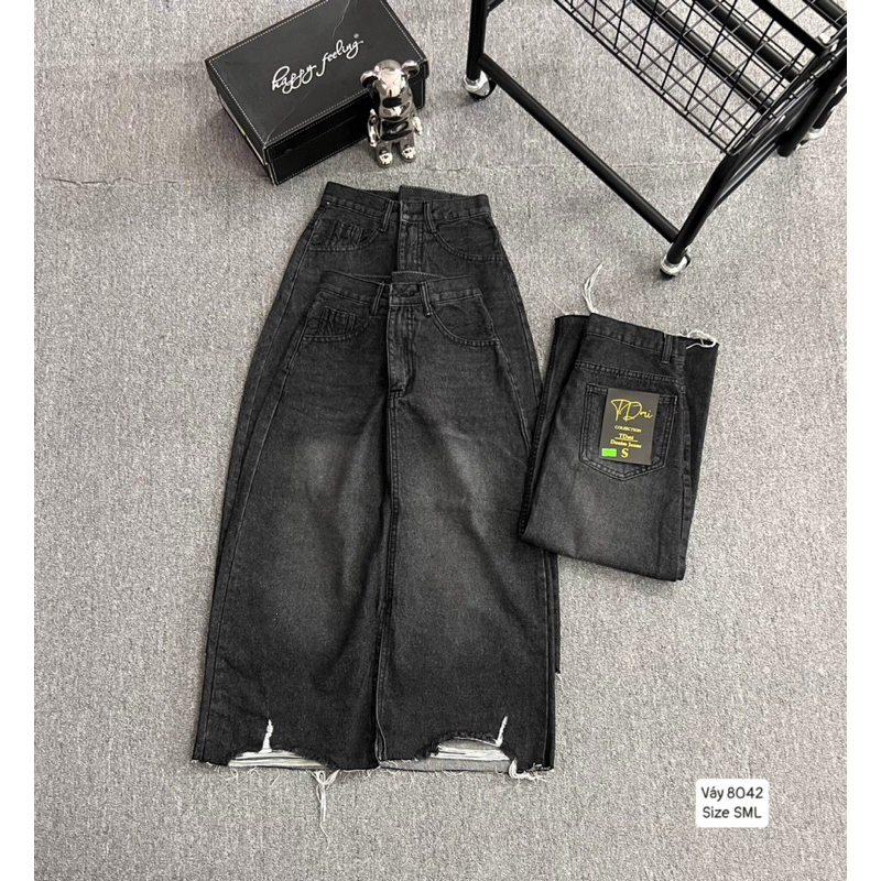 Chân váy Jeans nữ xẻ tà phối rách cá tính, chân váy jeans chữ A phong cách Hàn