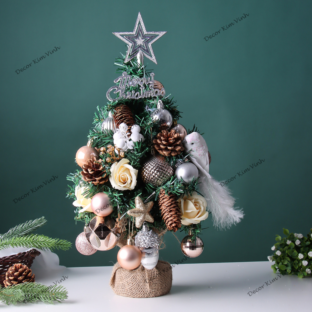 Cây Thông Noel Hàn Quốc THQ16 40cm Cây Thông Hoa Hồng Trang Trí Giáng Sinh kèm đèn