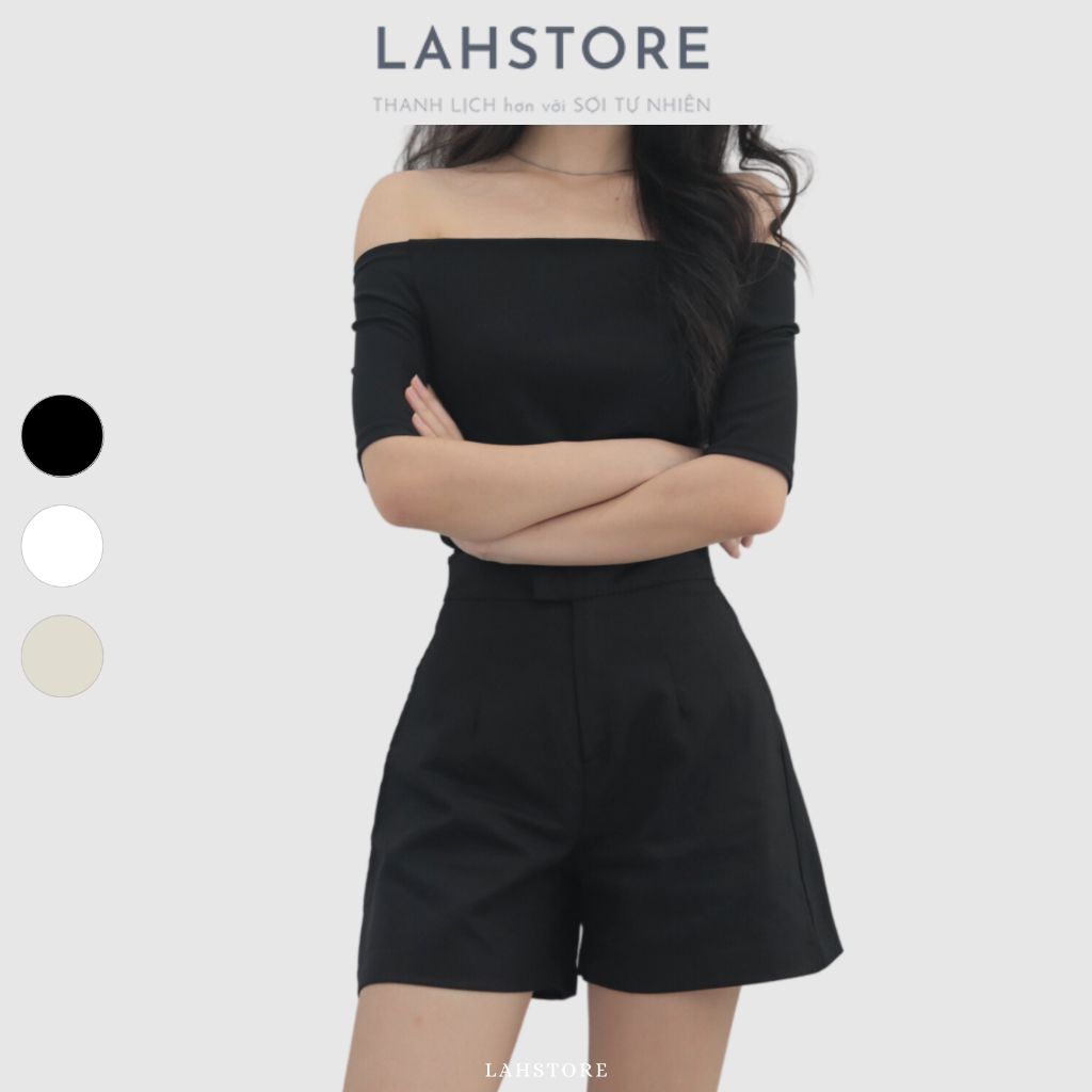 Quần đùi nữ cạp cao LAHSTORE vải linen, ống rộng, giấu cúc (Đen, Trắng, Be Muối Tiêu)