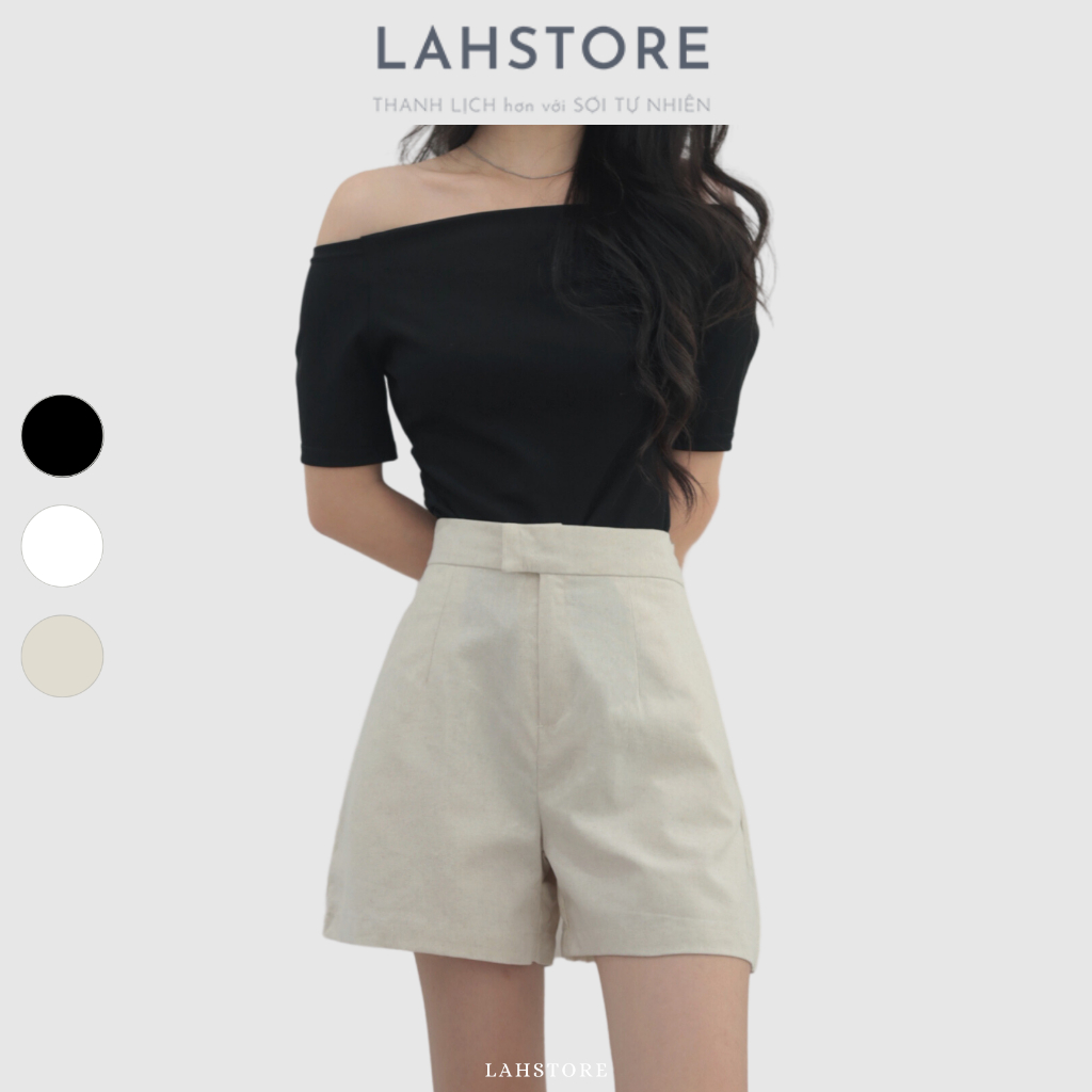 Quần cộc nữ cạp cao LAHSTORE vải linen, ống rộng, giấu cúc (Be Muối Tiêu, Đen, Trắng)