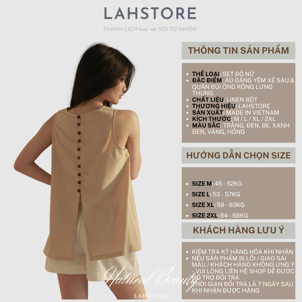 Đồ bộ nữ vải linen, áo sát nách dáng yếm xẻ sau & quần đùi ống rộng lưng thun LAHSTORE SDN01(Xanh)