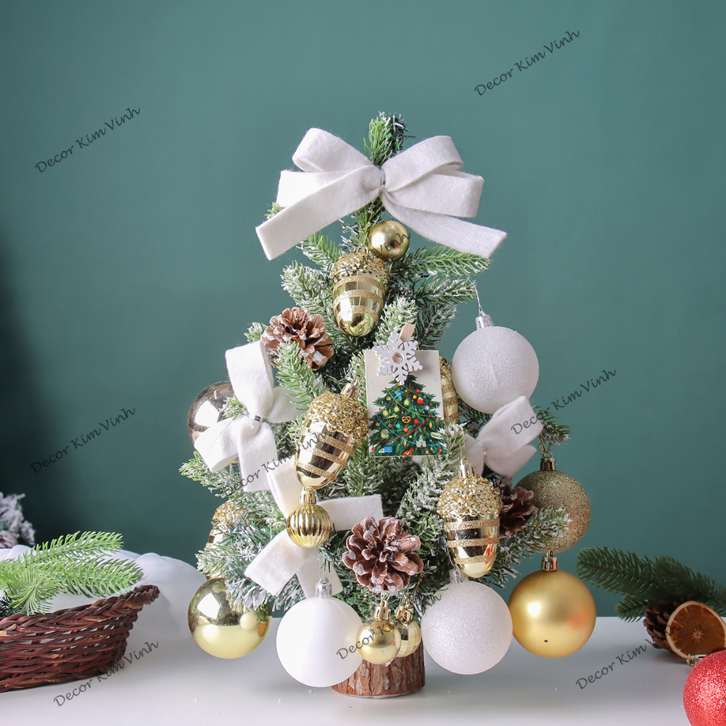 Cây Thông Hàn Quốc THQ19 40cm Cây Thông Nơ Trắng Trang Trí Giáng Sinh Kèm Đèn
