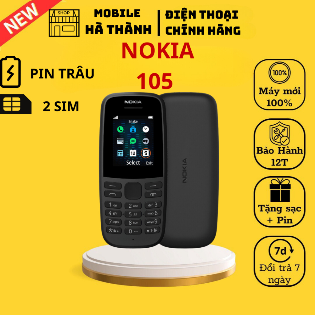 Điện Thoại Nghe Gọi Nokia 1O5  2 Sim Loa to Pin trâu - Hàng Mới Chính Hãng Fulbox Tặng kèm pin sạc full box