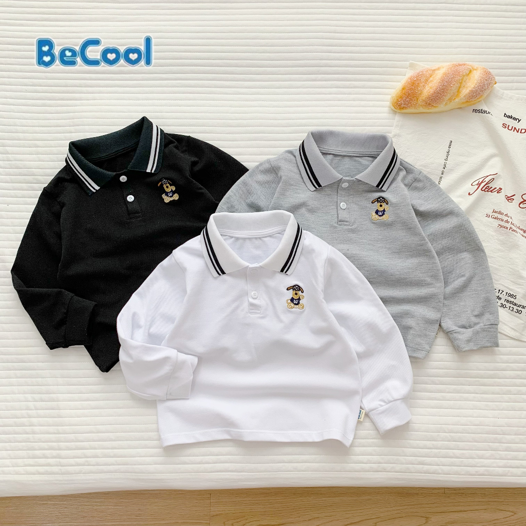 Áo thu đông cho bé, áo polo dài tay bé trai chất polo mềm THÊU GẤU TAY DÀI, đường may đẹp - BeCool 11-27kg
