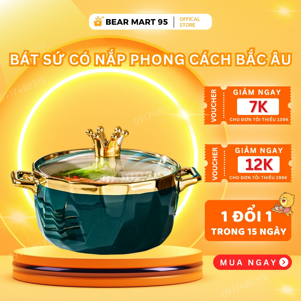 Bát sứ có nắp phong cách Bắc Âu sang trọng, quý tộc, chịu được nhiệt cao trong lò vi sóng